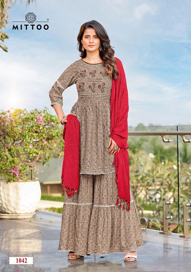 Mittoo Ceremony New Fancy Festive Wear Designer Kurti Sharara With Dupatta Collection